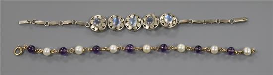 A white metal and moonstone bracelet and a 9ct gold amethyst and cultured pearl bracelet.